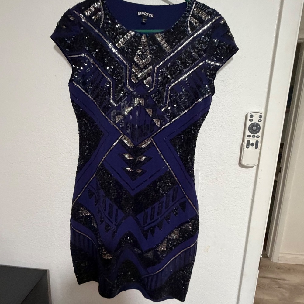 Express Womens Sequin Bodycon Dress Navy Blue Silver Geometric Art Deco Medium - Picture 4 of 8
